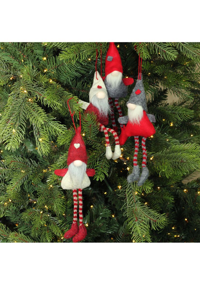 Set of 4 Red and Gray Plush Gnome Christmas Ornaments 9"