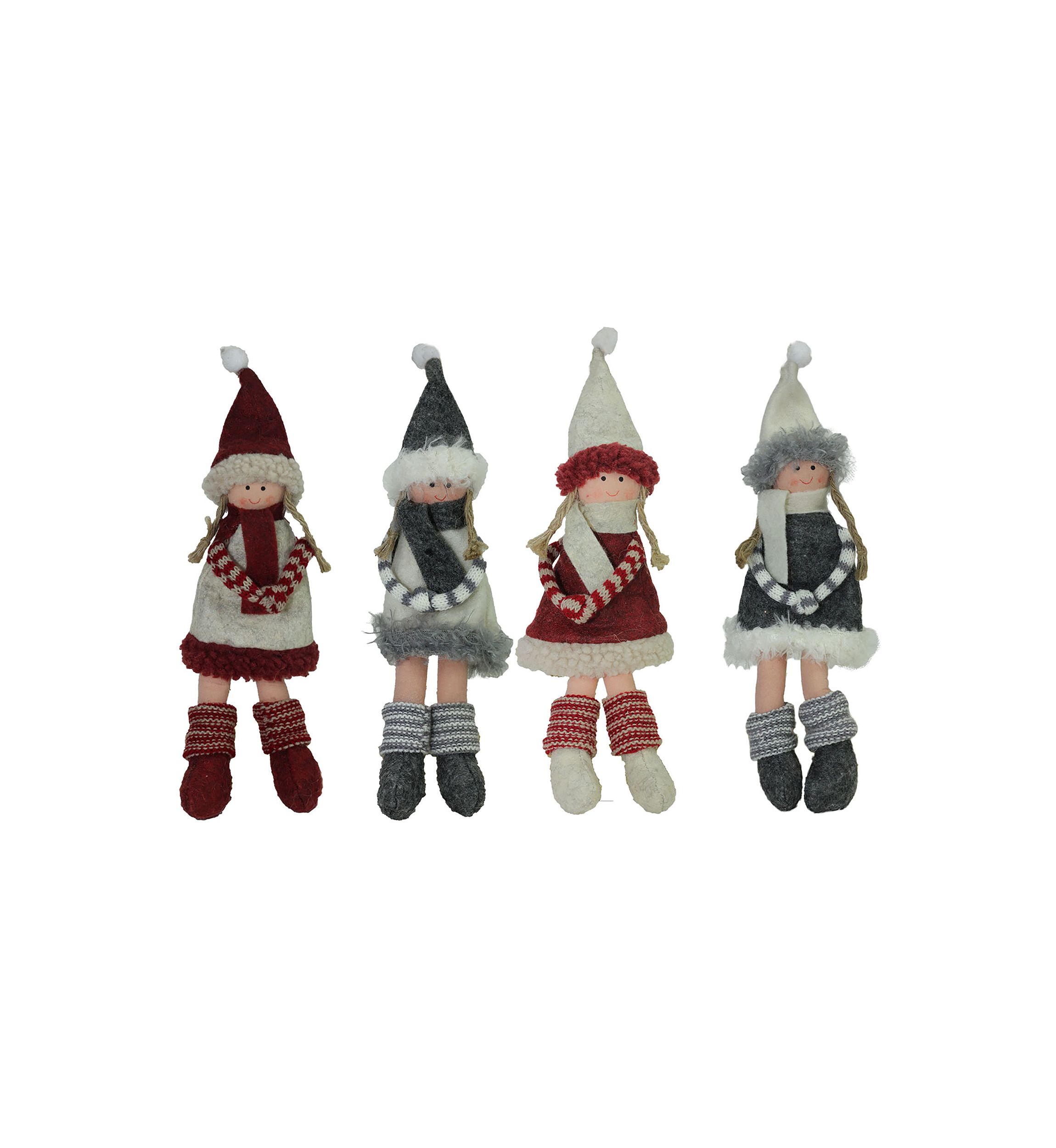 4ct Red and Gray Girls with Scarves Christmas Doll Ornaments 12Inch
