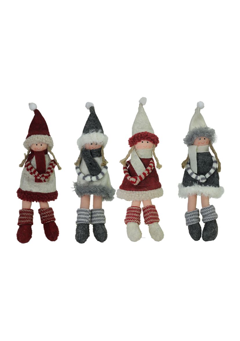 4ct Red and Gray Girls with Scarves Christmas Doll Ornaments 12Inch