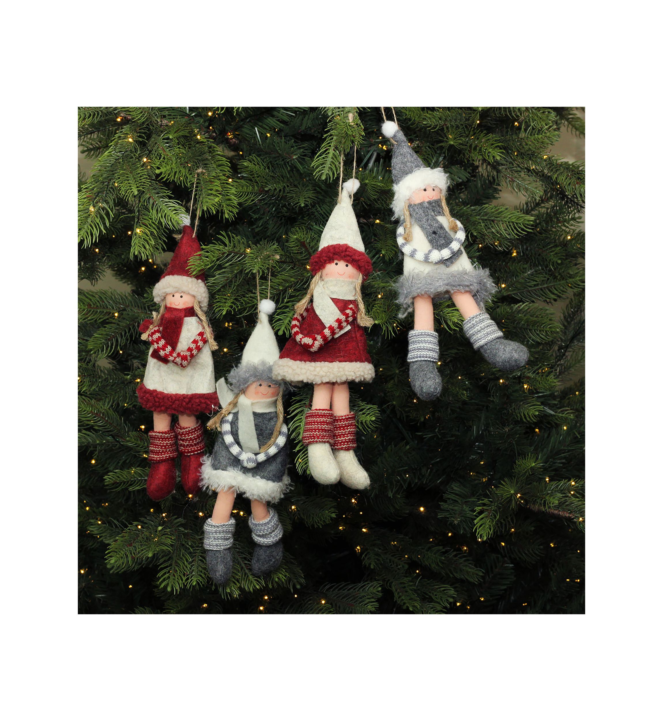 4ct Red and Gray Girls with Scarves Christmas Doll Ornaments 12Inch