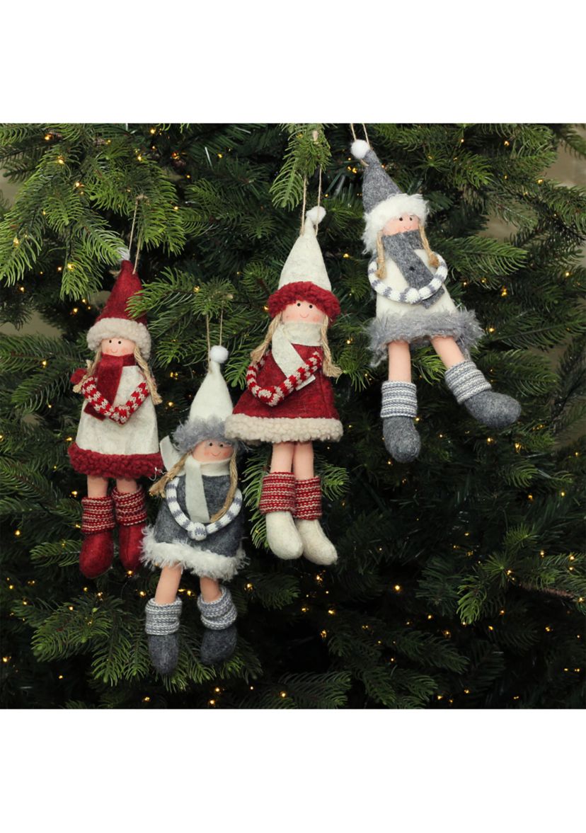 4ct Red and Gray Girls with Scarves Christmas Doll Ornaments 12Inch