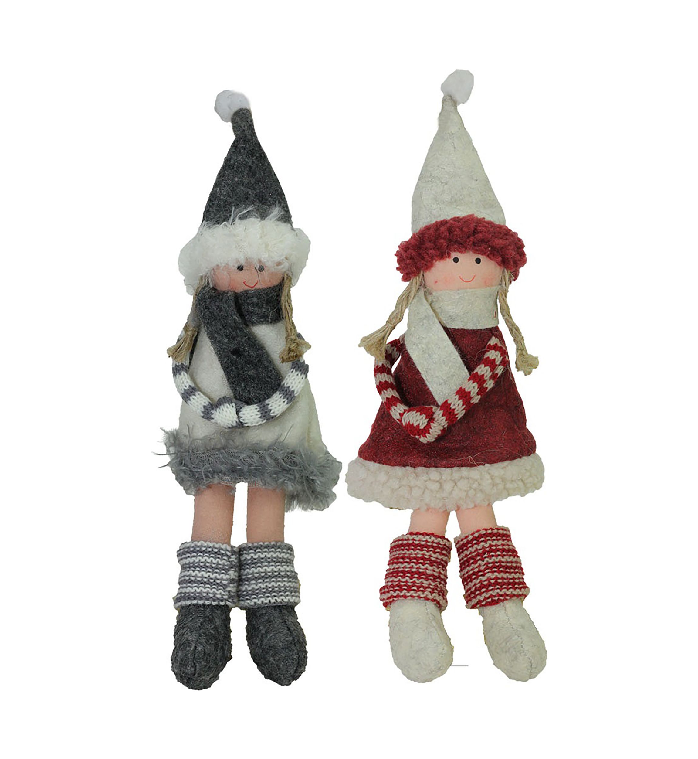 4ct Red and Gray Girls with Scarves Christmas Doll Ornaments 12Inch