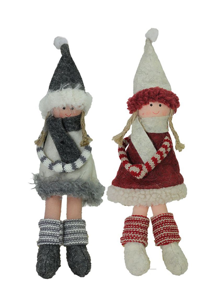 4ct Red and Gray Girls with Scarves Christmas Doll Ornaments 12Inch