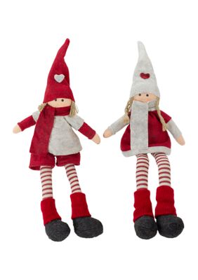 Set of 2 Plush Red and Beige Boy and Girl Sitting Christmas Doll Decorations 19Inch