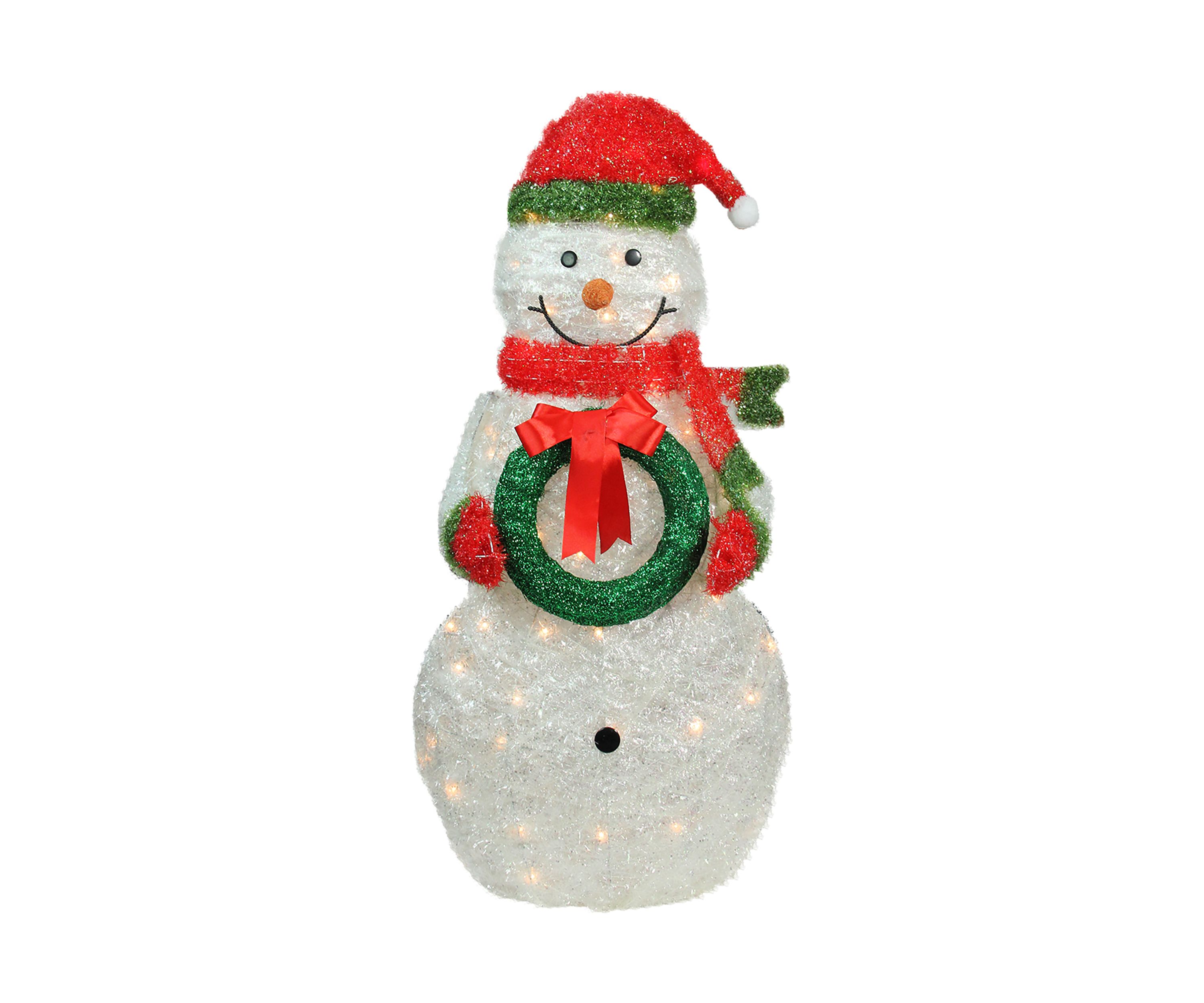 38Inch White and Red Lighted Tinsel Snowman with Wreath Christmas Outdoor Decoration
