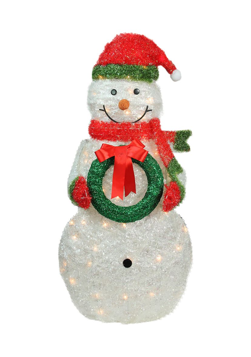 38Inch White and Red Lighted Tinsel Snowman with Wreath Christmas Outdoor Decoration