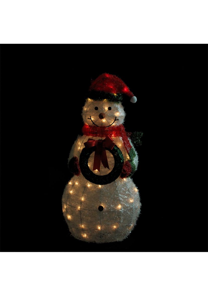 38Inch White and Red Lighted Tinsel Snowman with Wreath Christmas Outdoor Decoration