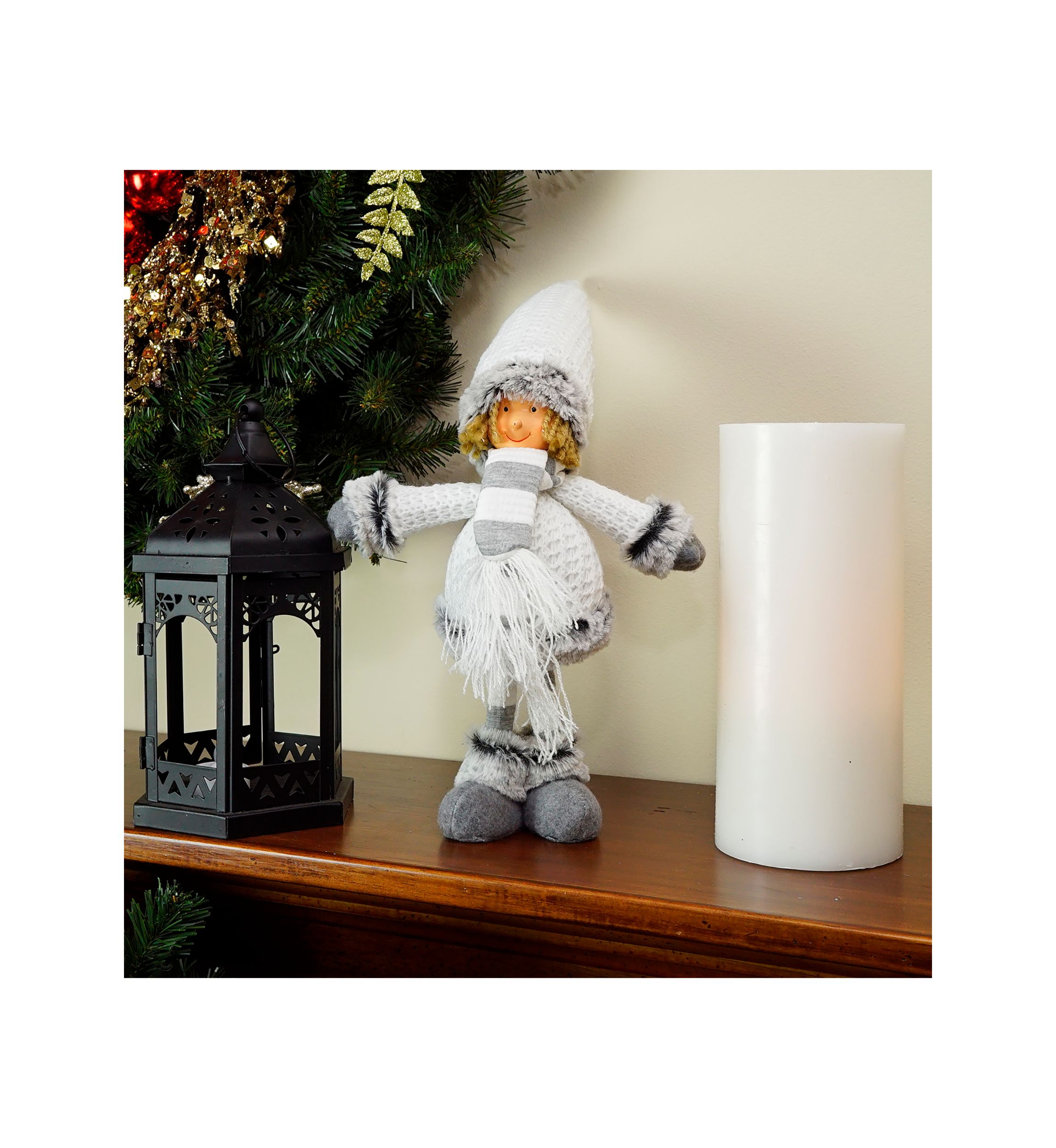 13Inch Gray and White Wintry Boy Christmas Tabletop Figurine