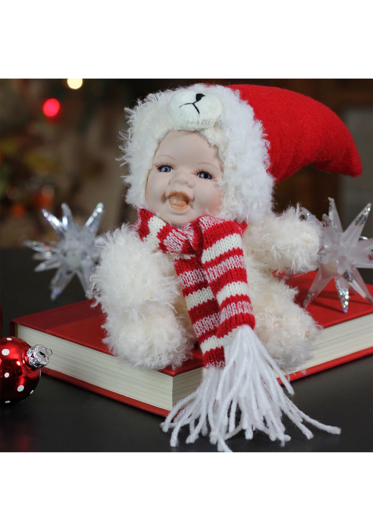 5.75Inch White and Red Baby in Polar Bear Costume with Santa Hat Collectible Christmas Doll