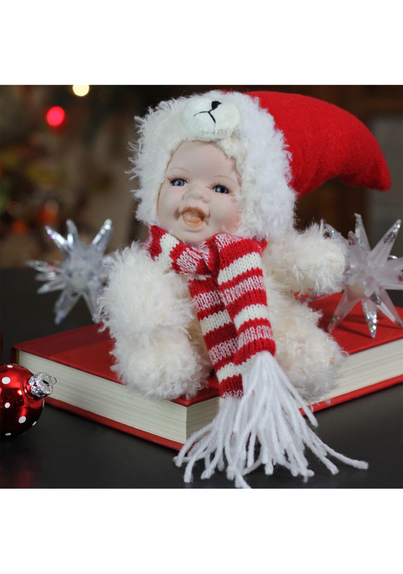 5.75Inch White and Red Baby in Polar Bear Costume with Santa Hat Collectible Christmas Doll