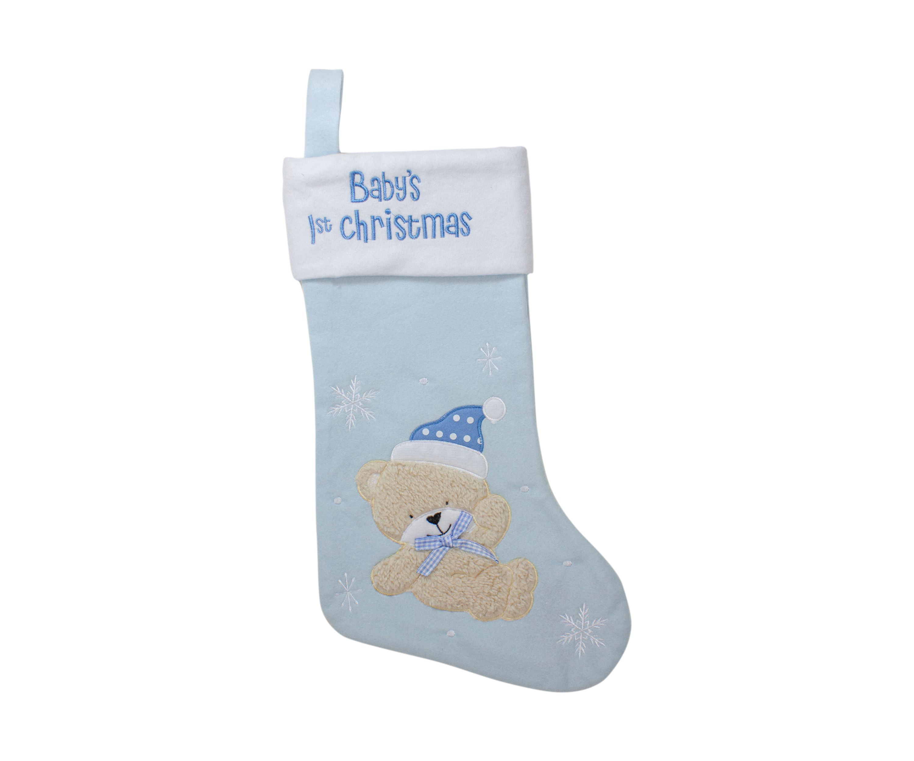 19Inch Blue and White Babys 1st Christmas Embroidered Teddy Bear Christmas Stocking