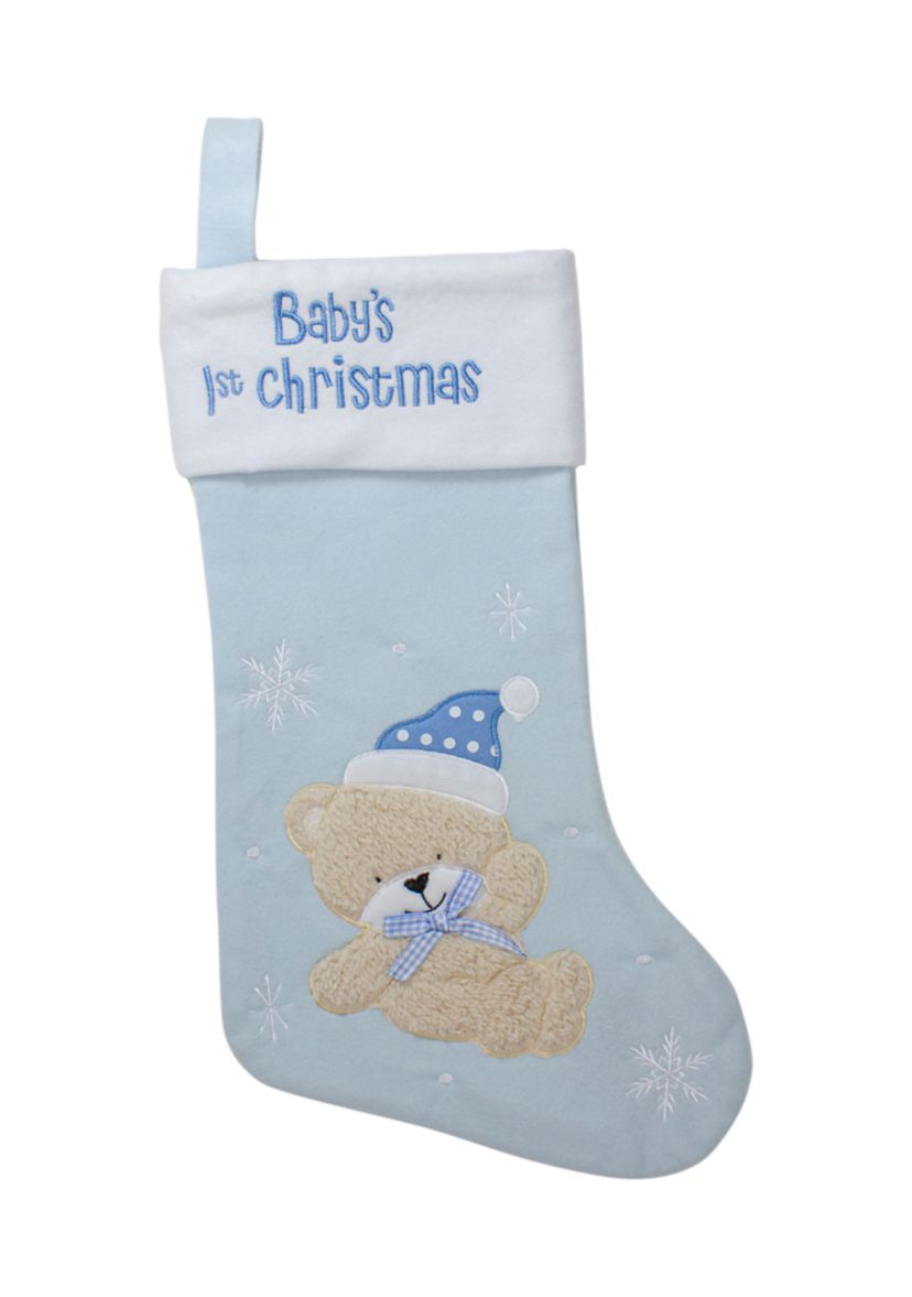 19Inch Blue and White Babys 1st Christmas Embroidered Teddy Bear Christmas Stocking