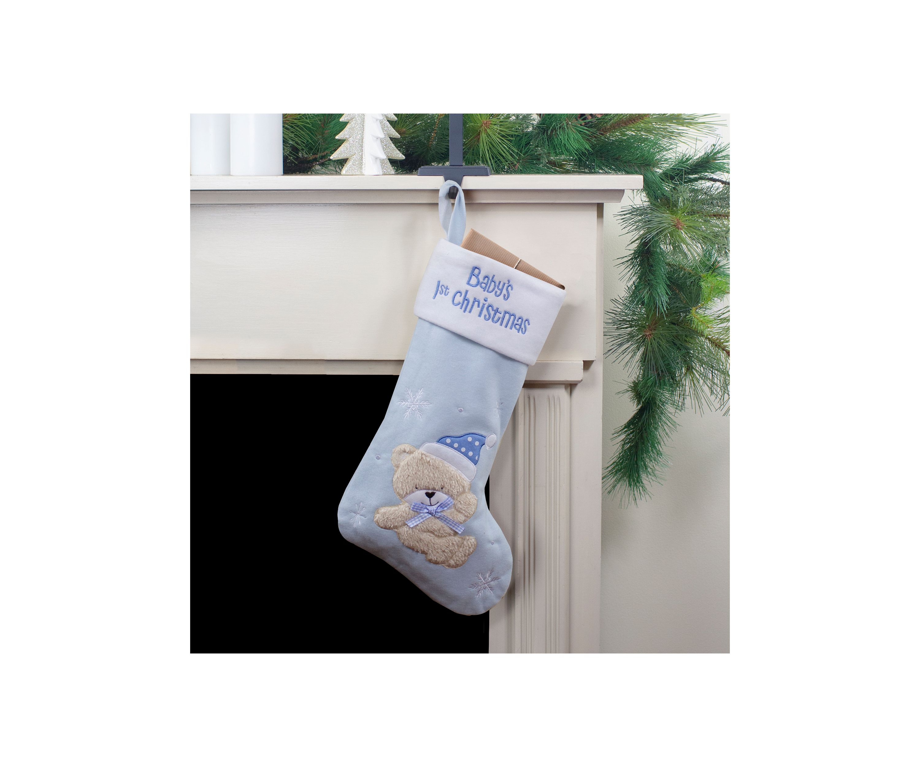 19Inch Blue and White Babys 1st Christmas Embroidered Teddy Bear Christmas Stocking