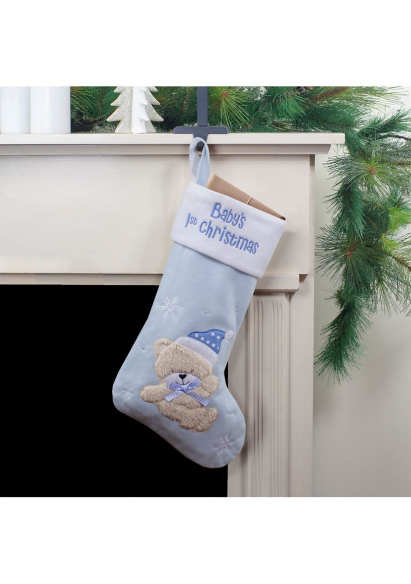 19Inch Blue and White Babys 1st Christmas Embroidered Teddy Bear Christmas Stocking