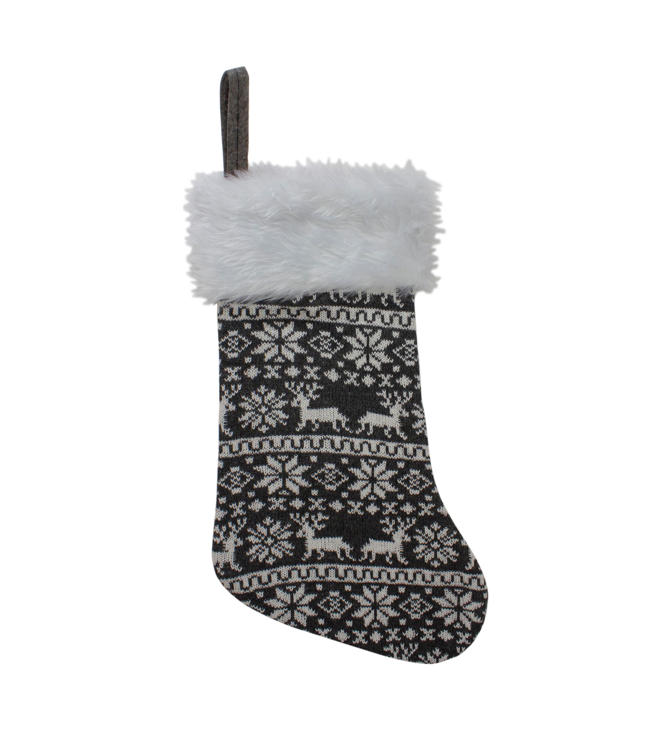 19Inch Gray and White Reindeer and Snowflake Knit Christmas Stocking with Faux Fur Cuff