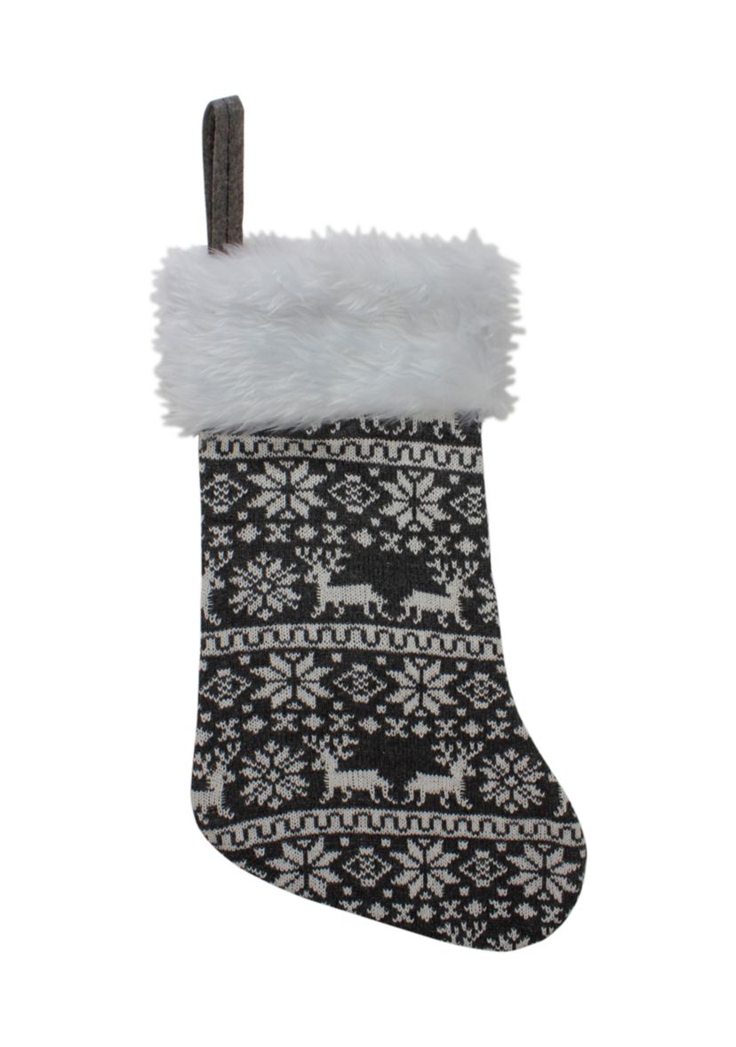 19Inch Gray and White Reindeer and Snowflake Knit Christmas Stocking with Faux Fur Cuff