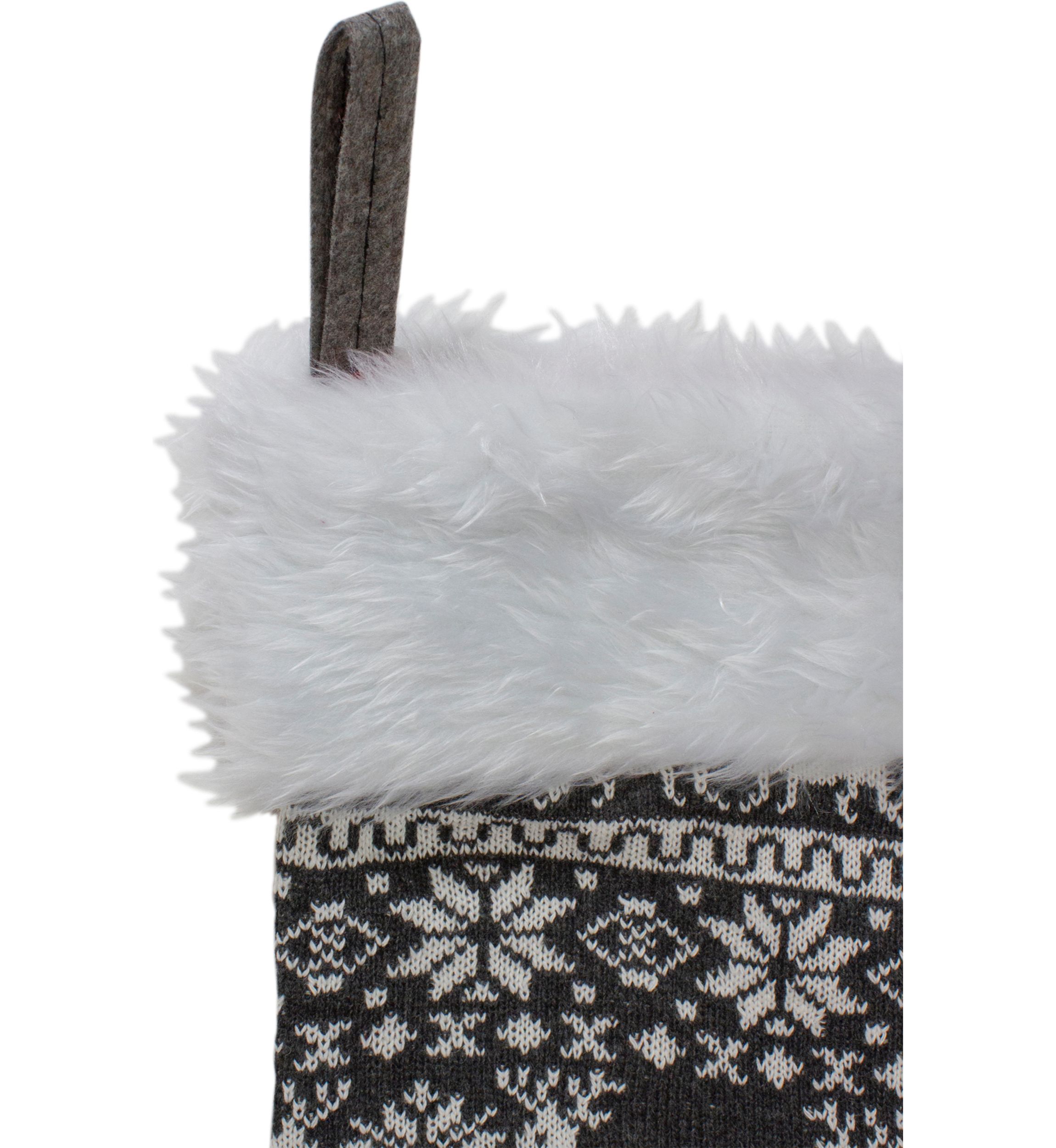 19Inch Gray and White Reindeer and Snowflake Knit Christmas Stocking with Faux Fur Cuff