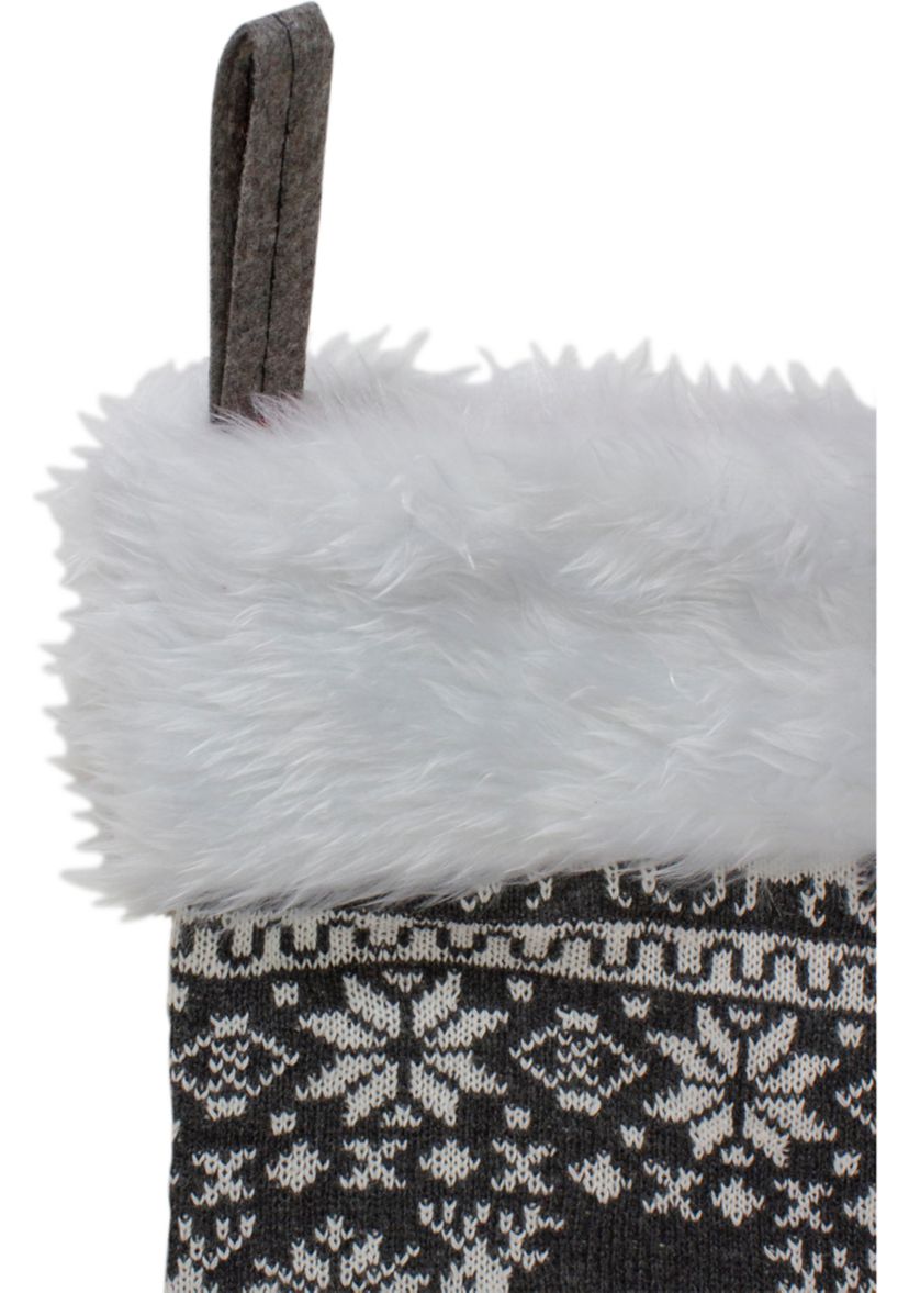 19Inch Gray and White Reindeer and Snowflake Knit Christmas Stocking with Faux Fur Cuff