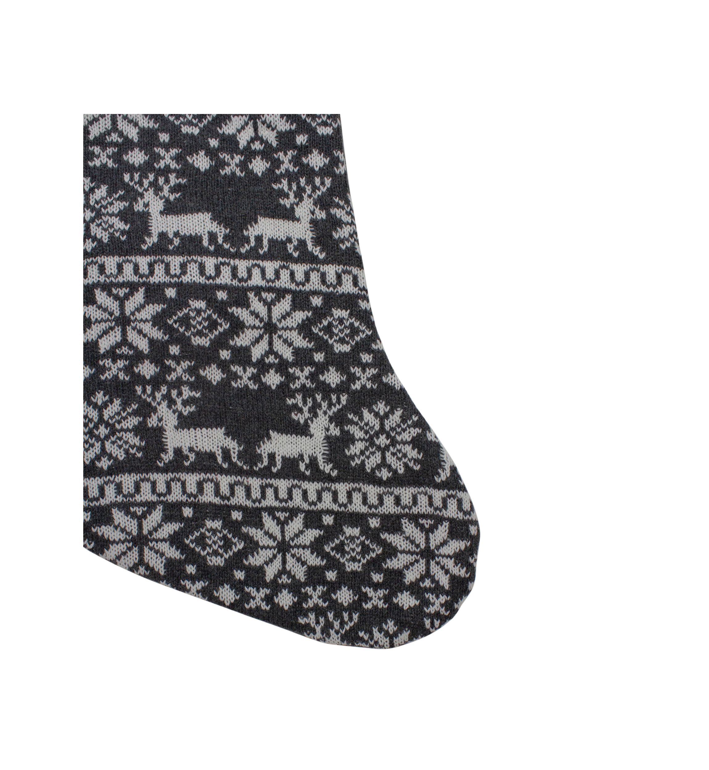 19Inch Gray and White Reindeer and Snowflake Knit Christmas Stocking with Faux Fur Cuff