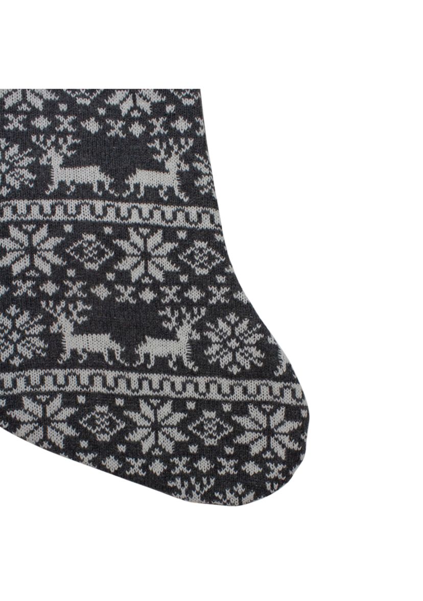 19Inch Gray and White Reindeer and Snowflake Knit Christmas Stocking with Faux Fur Cuff