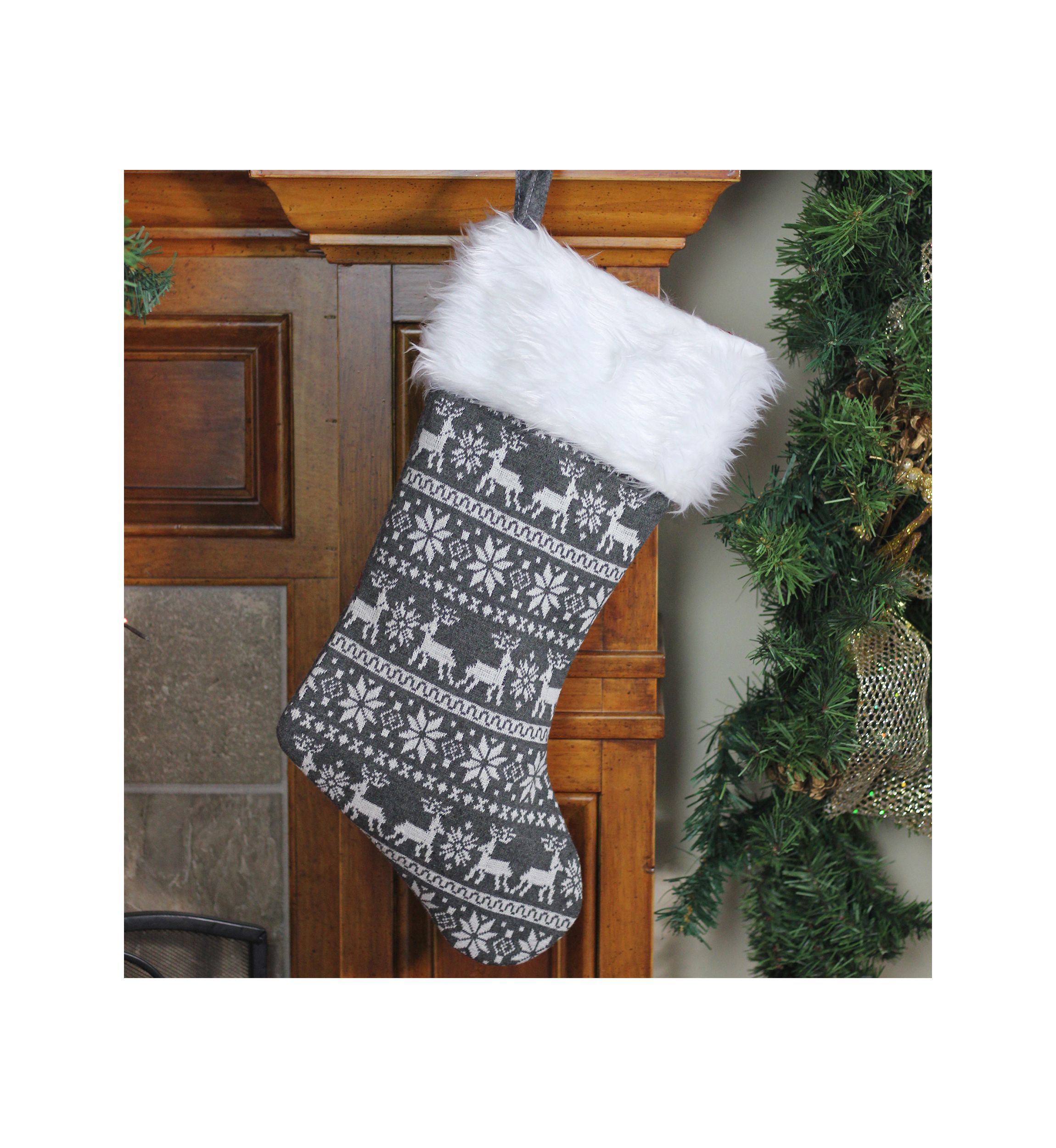 19Inch Gray and White Reindeer and Snowflake Knit Christmas Stocking with Faux Fur Cuff