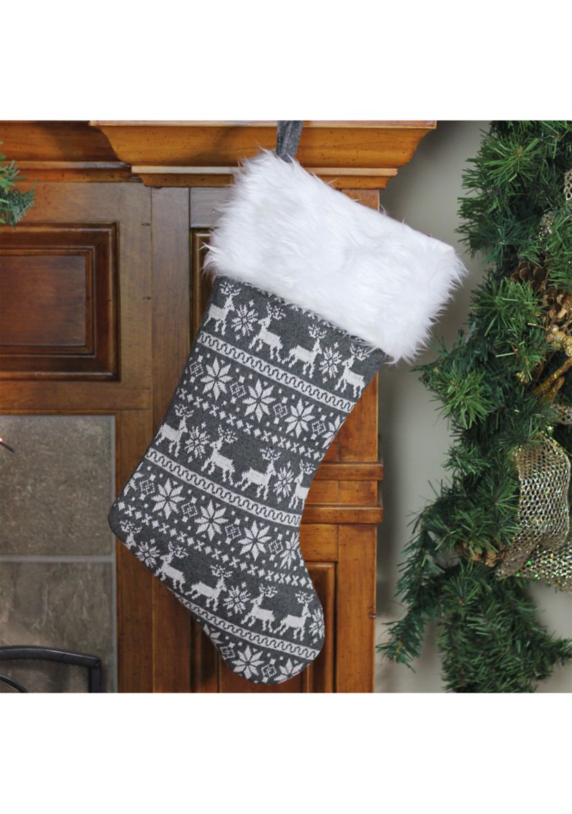 19Inch Gray and White Reindeer and Snowflake Knit Christmas Stocking with Faux Fur Cuff