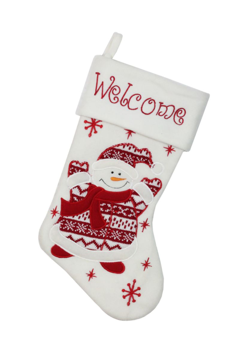 15.75Inch Red and White Welcome Snowman Embroidered Christmas Stocking