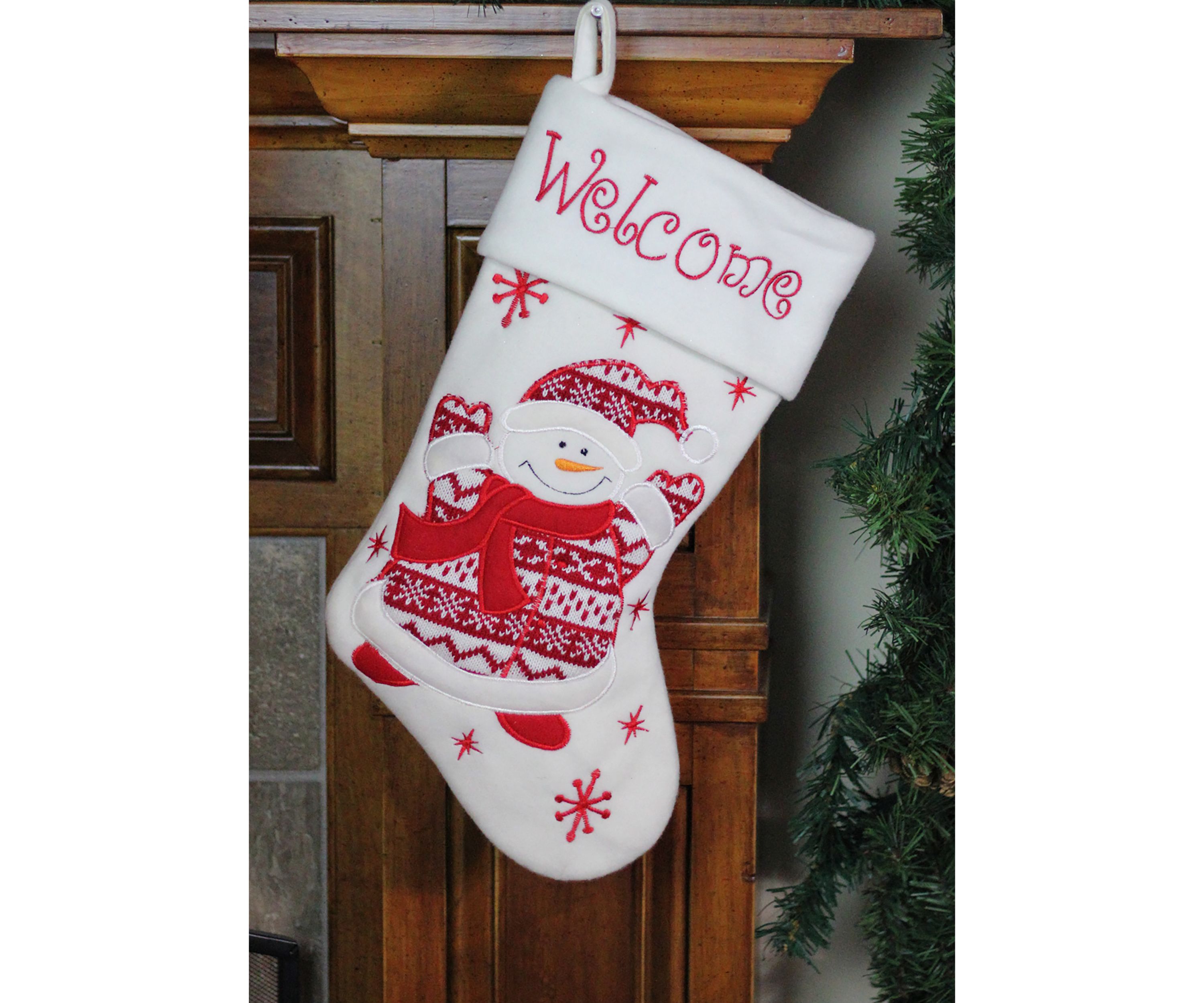 15.75Inch Red and White Welcome Snowman Embroidered Christmas Stocking