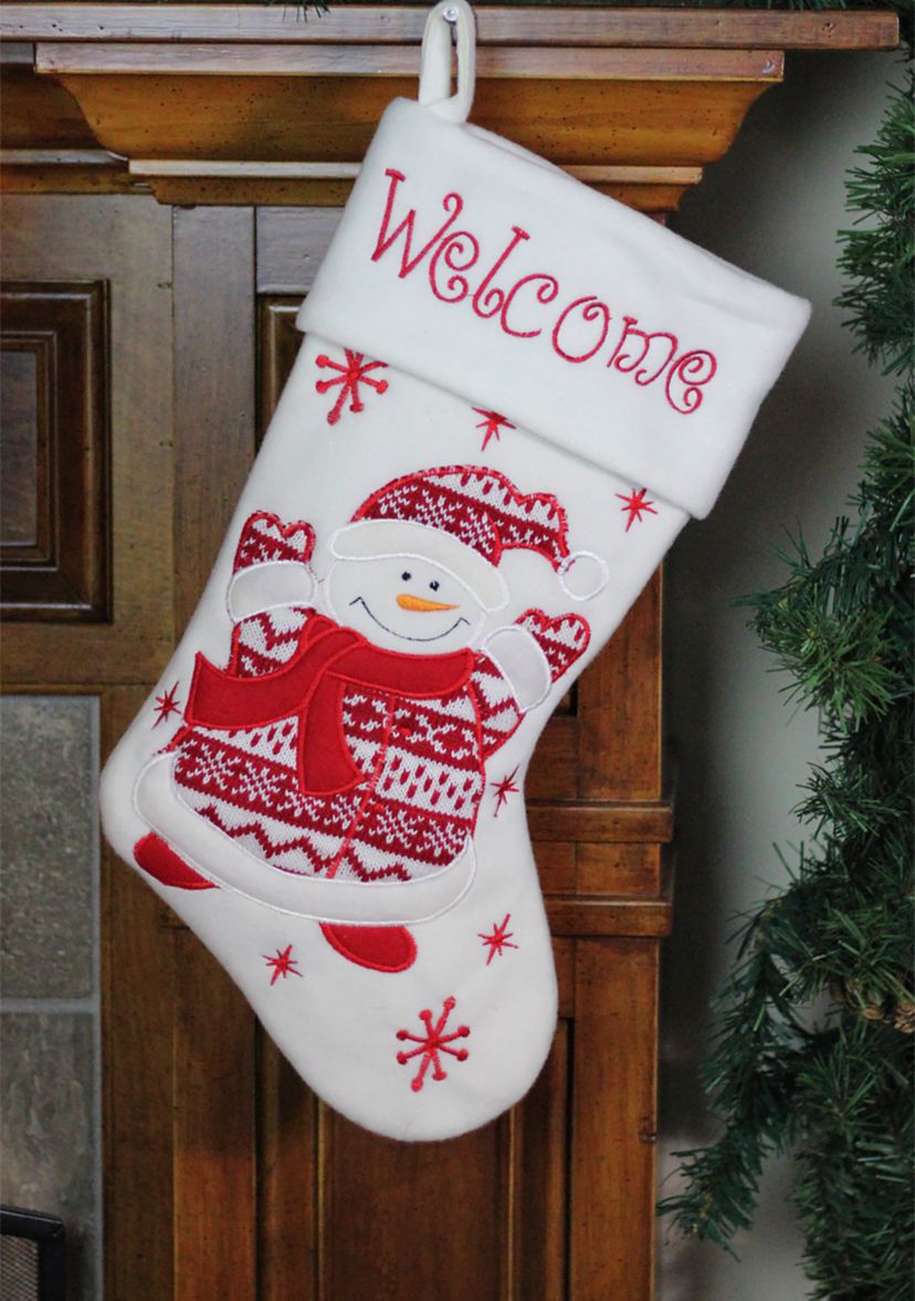 15.75Inch Red and White Welcome Snowman Embroidered Christmas Stocking