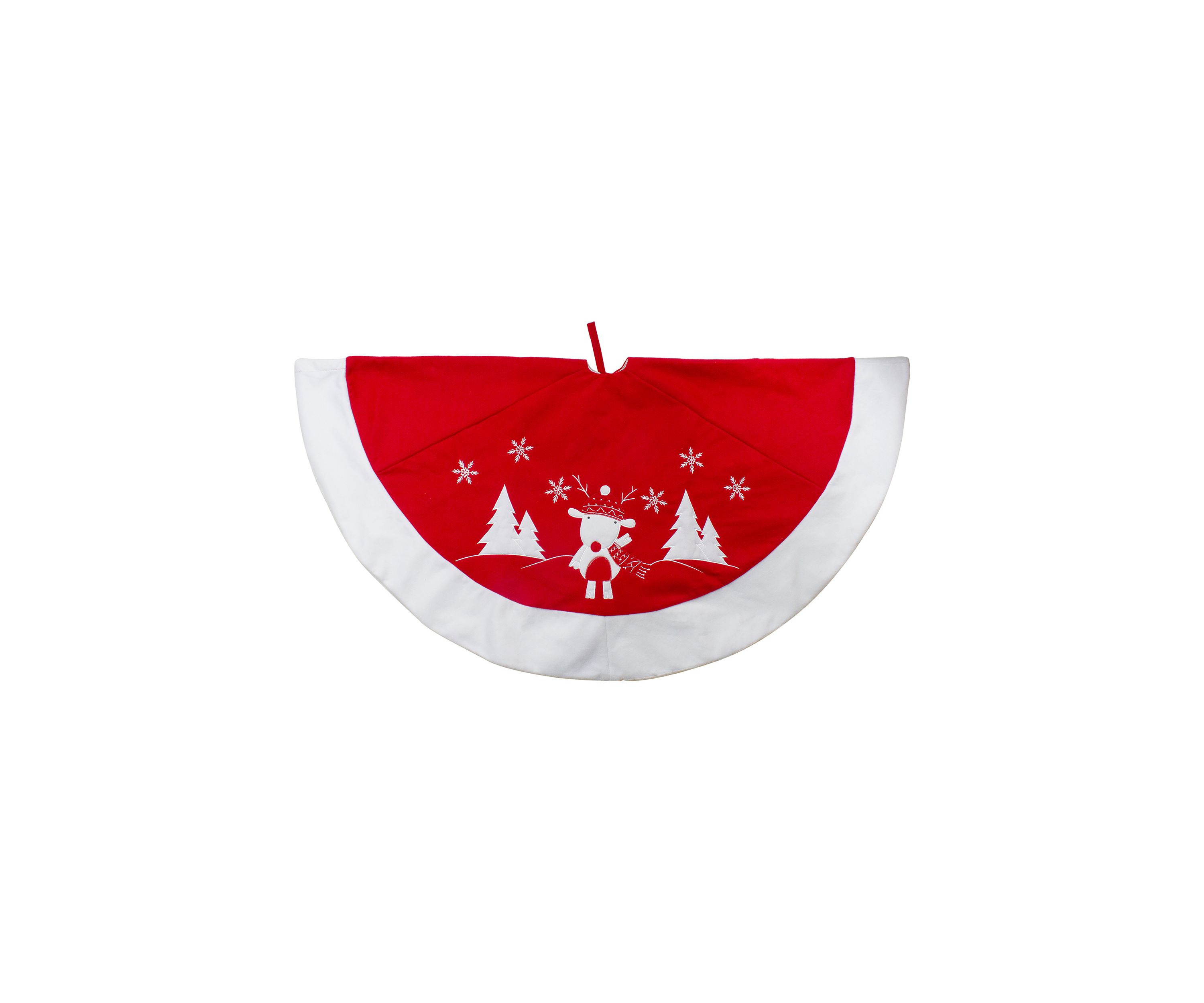 48Inch Red and White Winter Reindeer Embroidered Christmas Tree Skirt