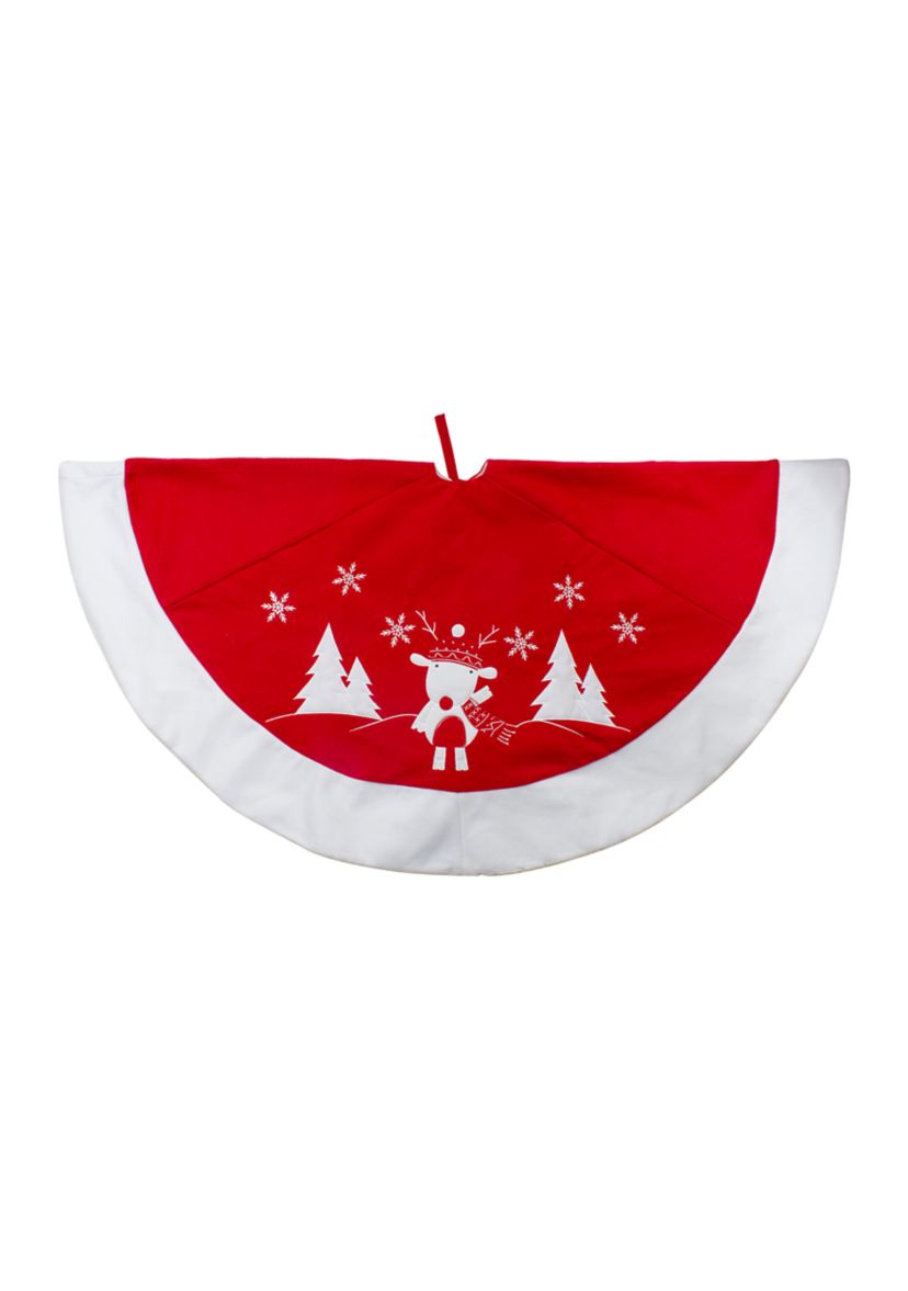 48Inch Red and White Winter Reindeer Embroidered Christmas Tree Skirt