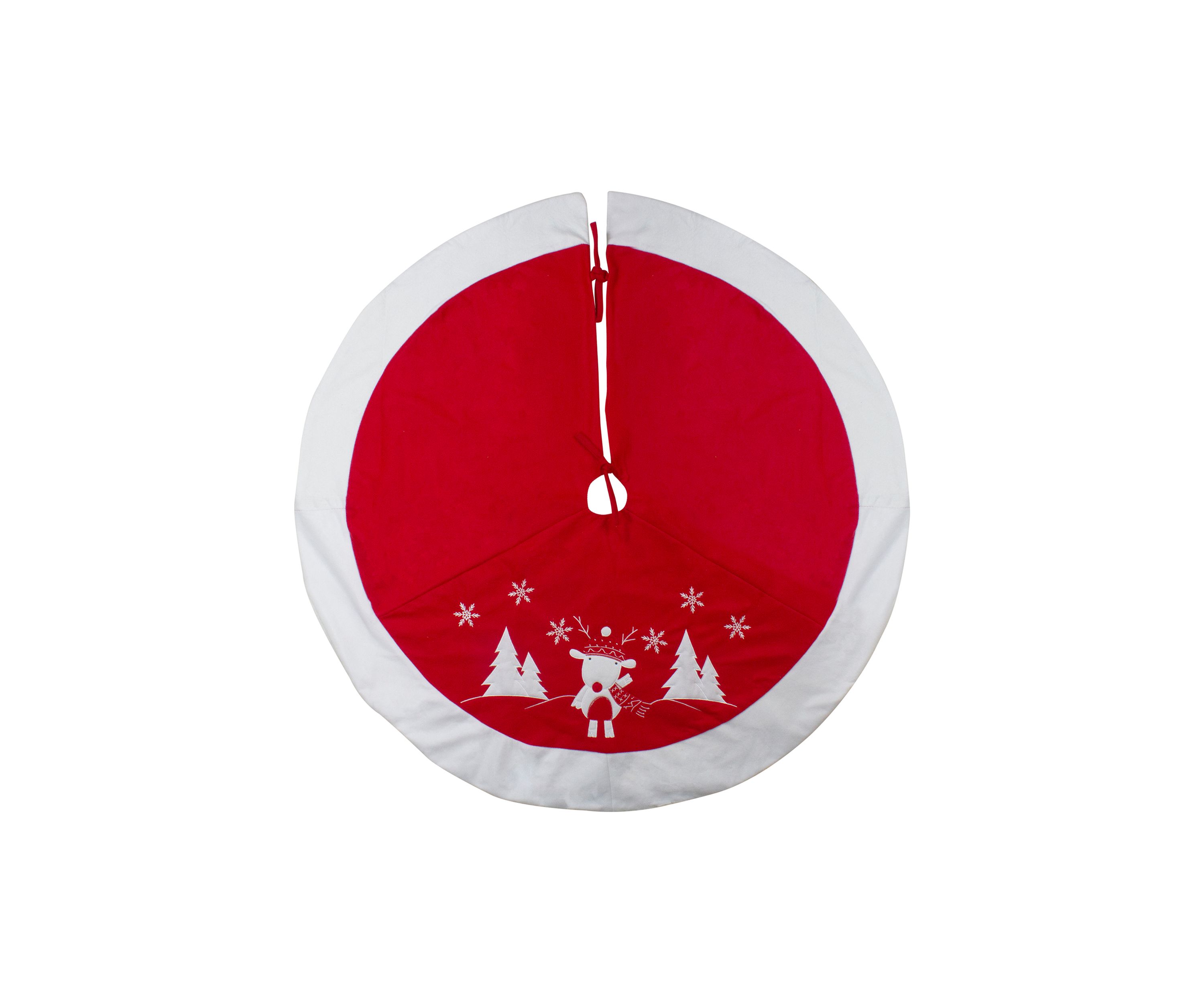 48Inch Red and White Winter Reindeer Embroidered Christmas Tree Skirt