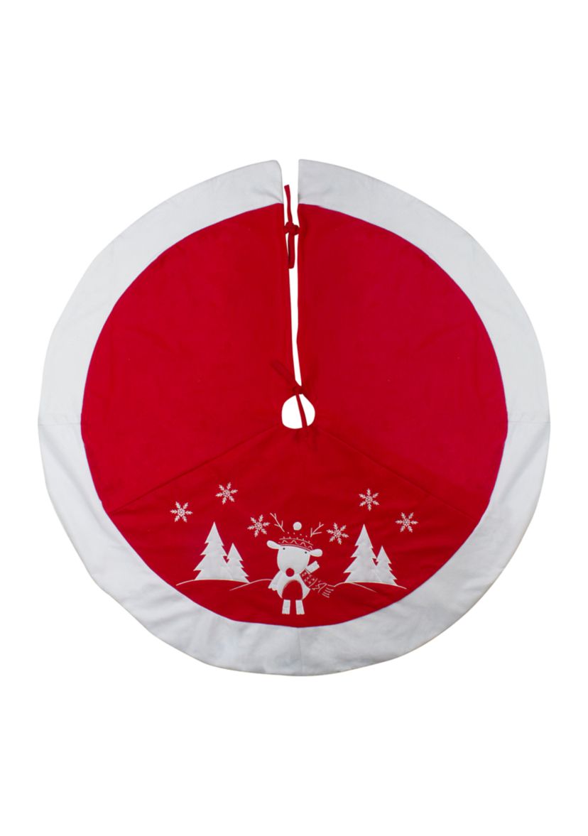 48Inch Red and White Winter Reindeer Embroidered Christmas Tree Skirt