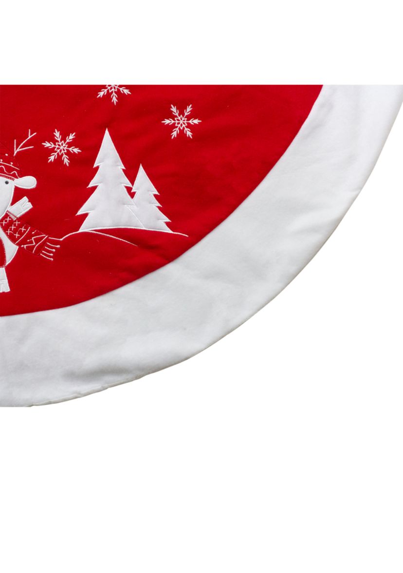 48Inch Red and White Winter Reindeer Embroidered Christmas Tree Skirt