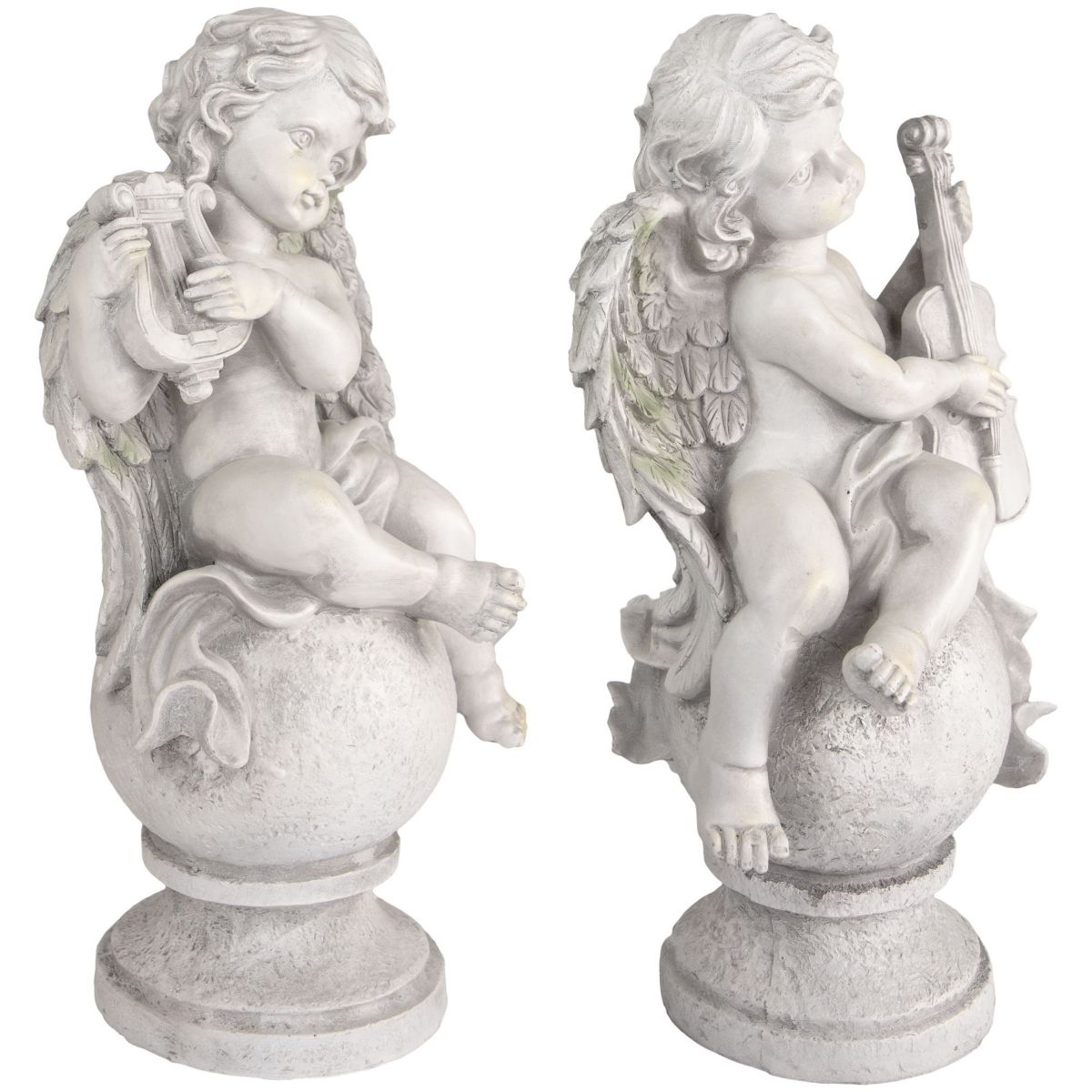 Set of 2 Cherub Angels with Violin and Harp on Finials Outdoor Garden Statues 15.25"
