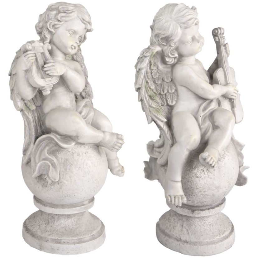 Set of 2 Cherub Angels with Violin and Harp on Finials Outdoor Garden Statues 15.25"