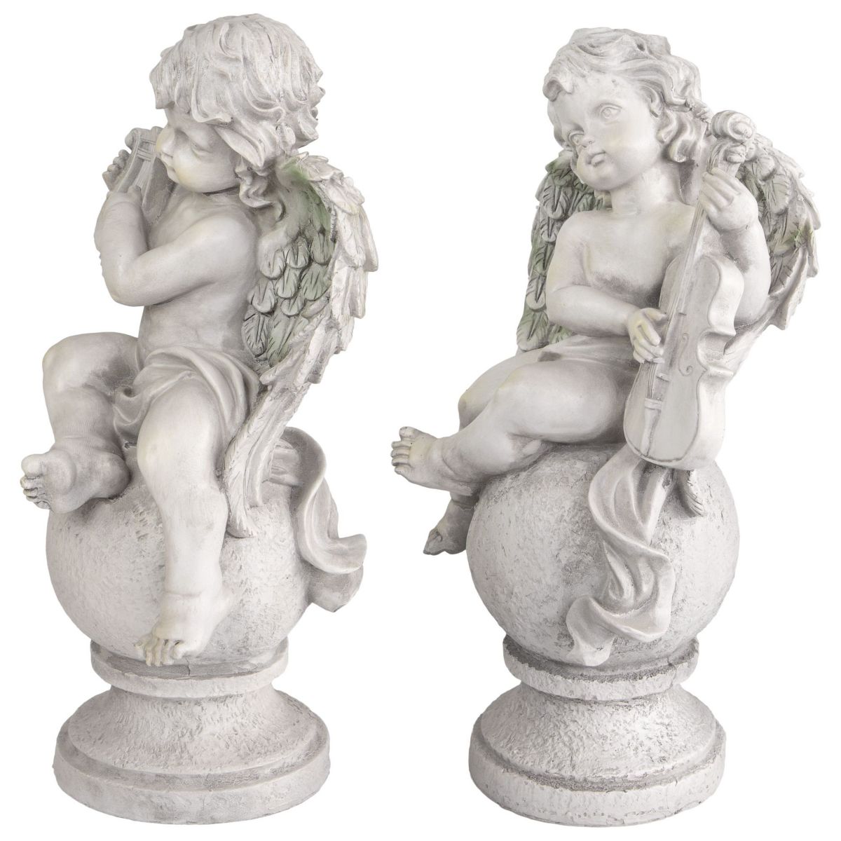 Set of 2 Cherub Angels with Violin and Harp on Finials Outdoor Garden Statues 15.25"