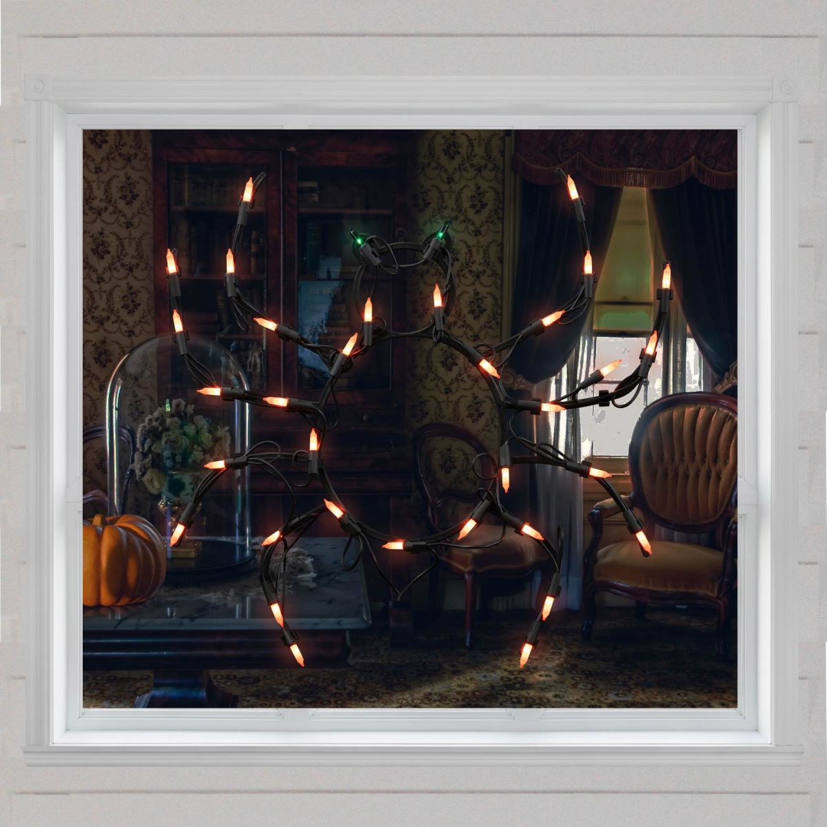 15" Black and Orange Lighted Spider Halloween Window Silhouette