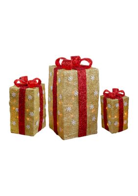 Northlight Set of 3 Lighted Tall Gold Sisal Gift Boxes with Red Bows Christmas Outdoor Decor 18Inch -  0009312762736