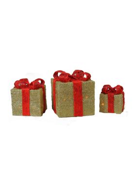 Set of 3 Gold and Red Lighted Gift Boxes Outdoor Christmas Decorations 10Inch