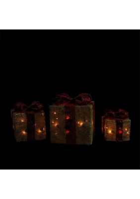 Set of 3 Gold and Red Lighted Gift Boxes Outdoor Christmas Decorations 10Inch