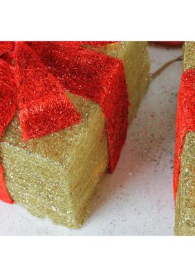 Set of 3 Gold and Red Lighted Gift Boxes Outdoor Christmas Decorations 10Inch