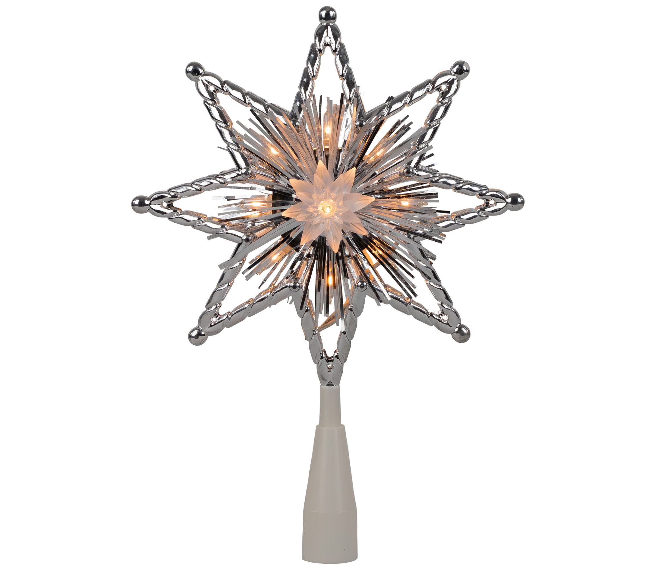 8" Lighted Silver Tinsel Star Christmas Tree Topper - Clear Lights  White Wire