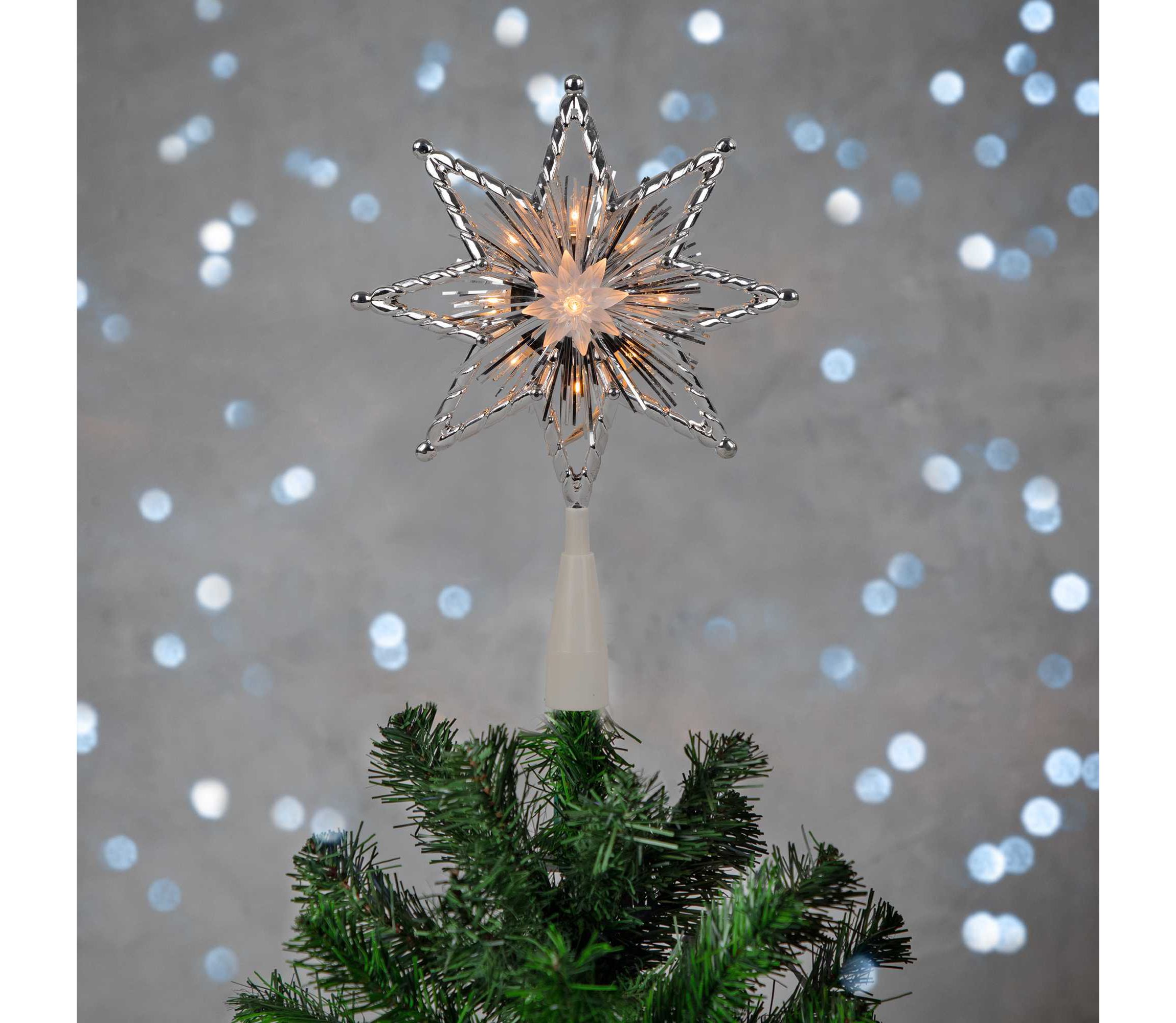 8" Lighted Silver Tinsel Star Christmas Tree Topper - Clear Lights  White Wire