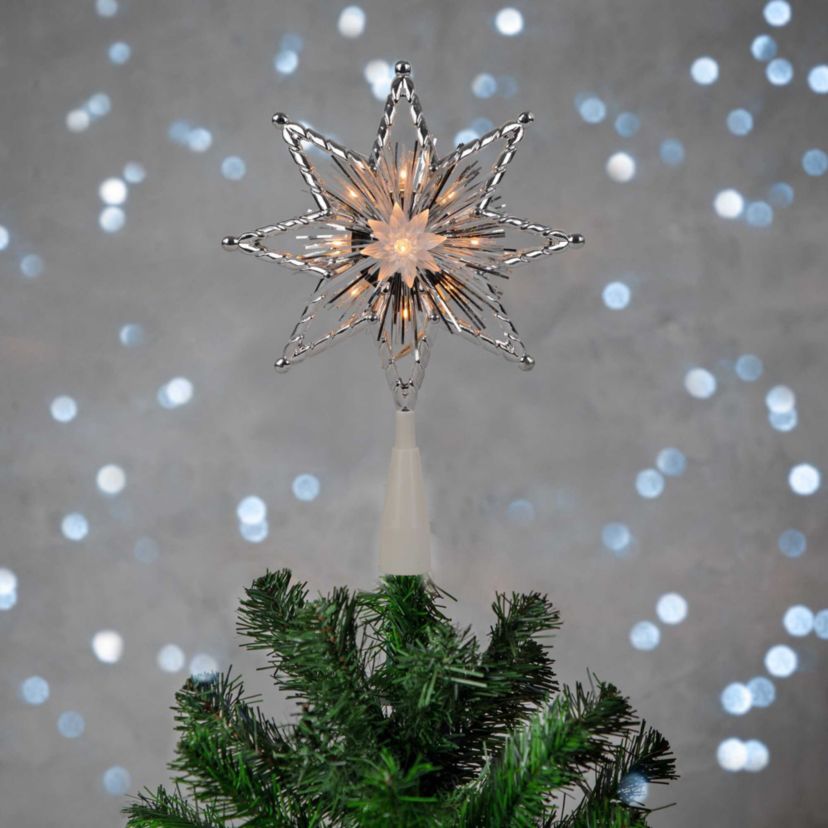 8" Lighted Silver Tinsel Star Christmas Tree Topper - Clear Lights  White Wire