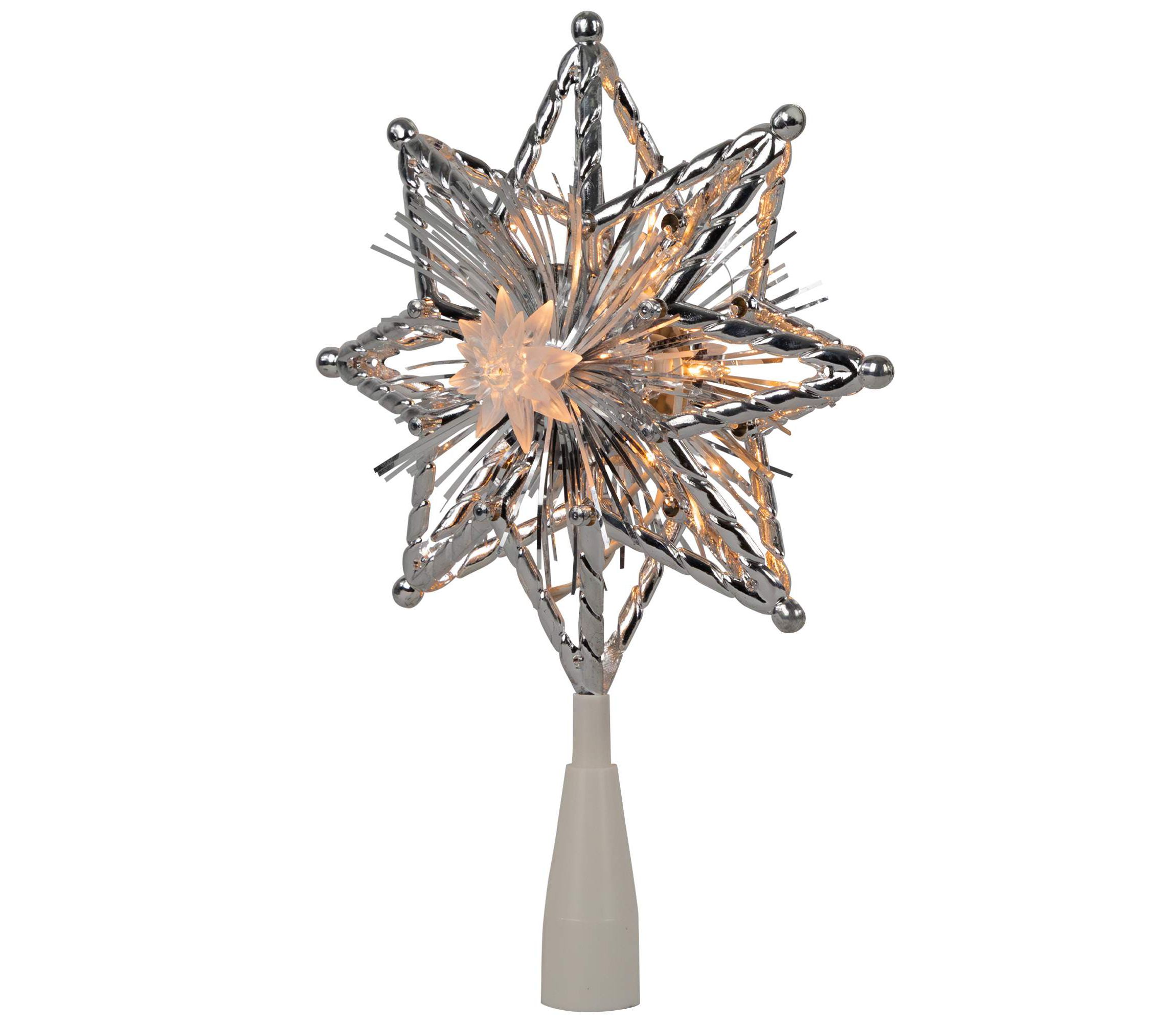8" Lighted Silver Tinsel Star Christmas Tree Topper - Clear Lights  White Wire