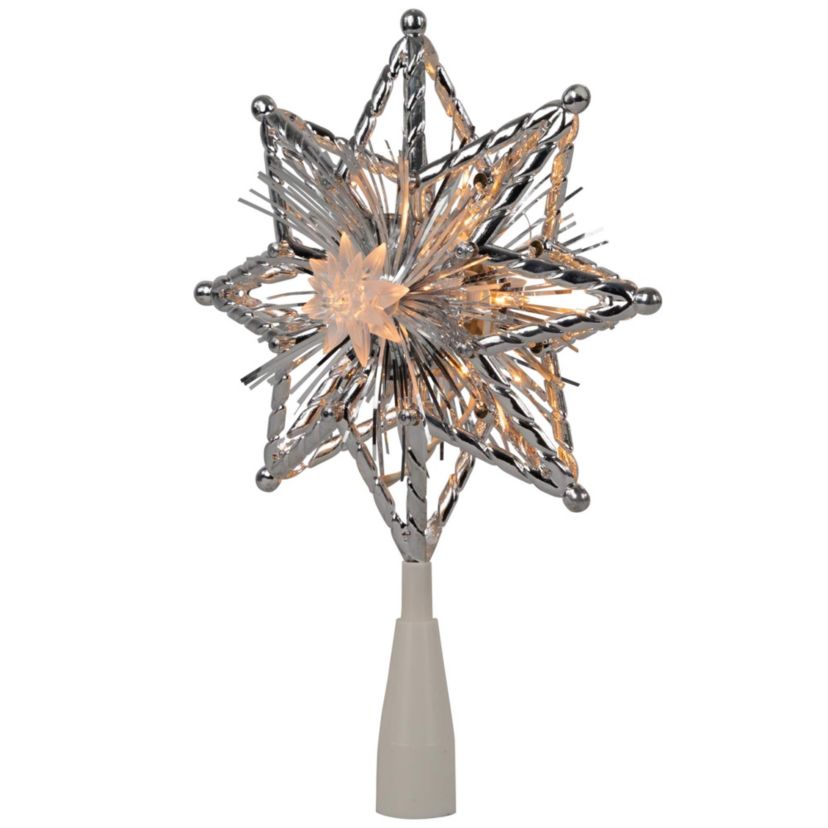 8" Lighted Silver Tinsel Star Christmas Tree Topper - Clear Lights  White Wire