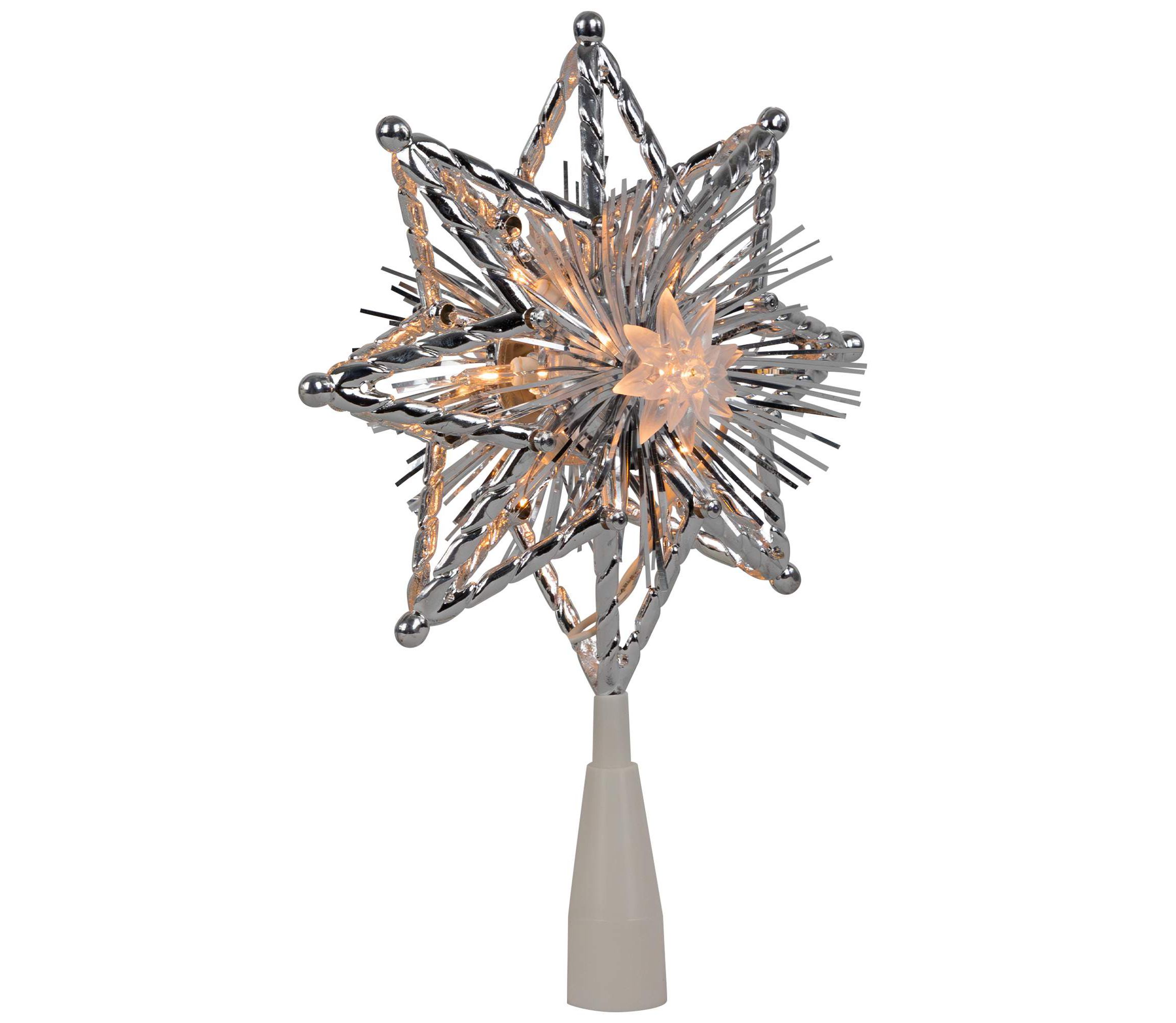 8" Lighted Silver Tinsel Star Christmas Tree Topper - Clear Lights  White Wire