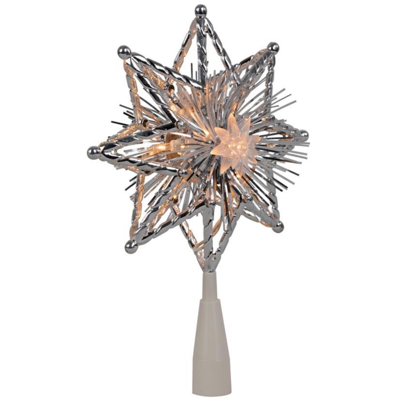 8" Lighted Silver Tinsel Star Christmas Tree Topper - Clear Lights  White Wire