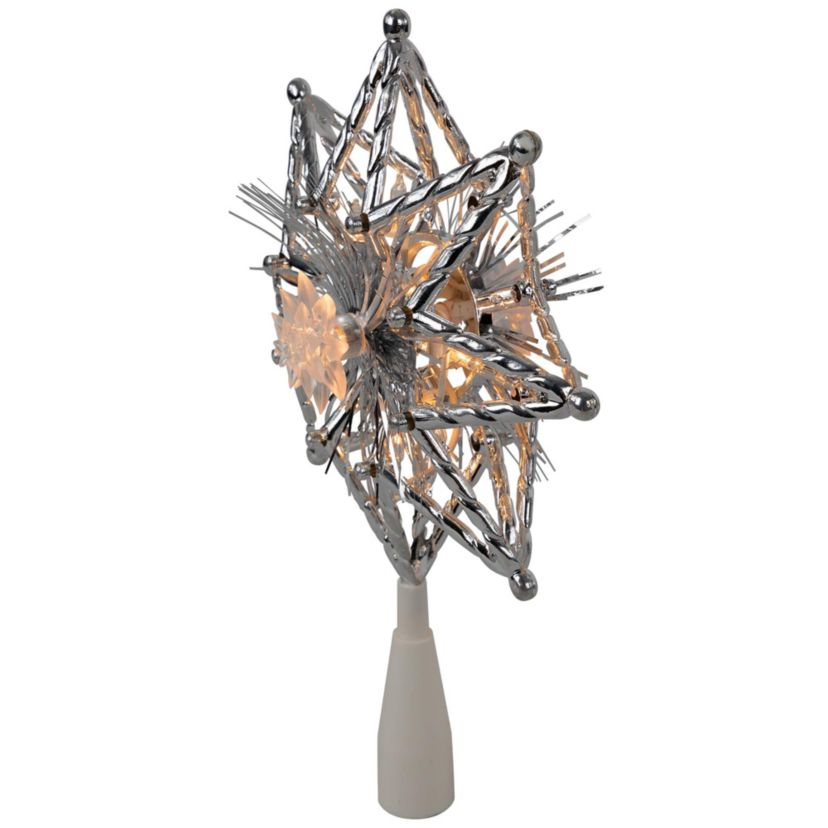8" Lighted Silver Tinsel Star Christmas Tree Topper - Clear Lights  White Wire